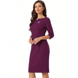 Vintage Style Women’S 3/4 Sleeve Sheath Dress – Solid Color, Zipper Detail, Pencil Skirt Silhouette, Perfect for Work or Business Wear, Spring/Fall Collection, Vintage Dresses