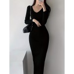 Vintage Long Sleeve Sweater Dress | Women’S Mid-Length, Waist-Cinching, Slim-Fitting Bodycon V-Neck Dress for Autumn and Winter, Perfect as Coat Matching Inner Wear