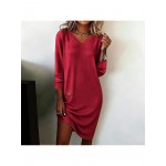 Fashion Women’S Solid Color Long Sleeves Drop Neck Gathering Dress | Black Gray Khaki Red, V-neck, Midi Length, Three Quarter Sleeves, Casual Style, USMIXI Brand