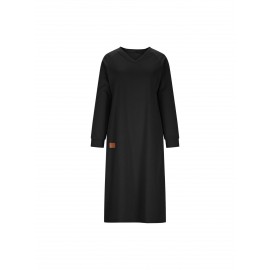 Fashion Women’S Solid Color Long Sleeves Drop Neck Gathering Dress | Black Gray Khaki Red, V-neck, Midi Length, Three Quarter Sleeves, Casual Style, USMIXI Brand