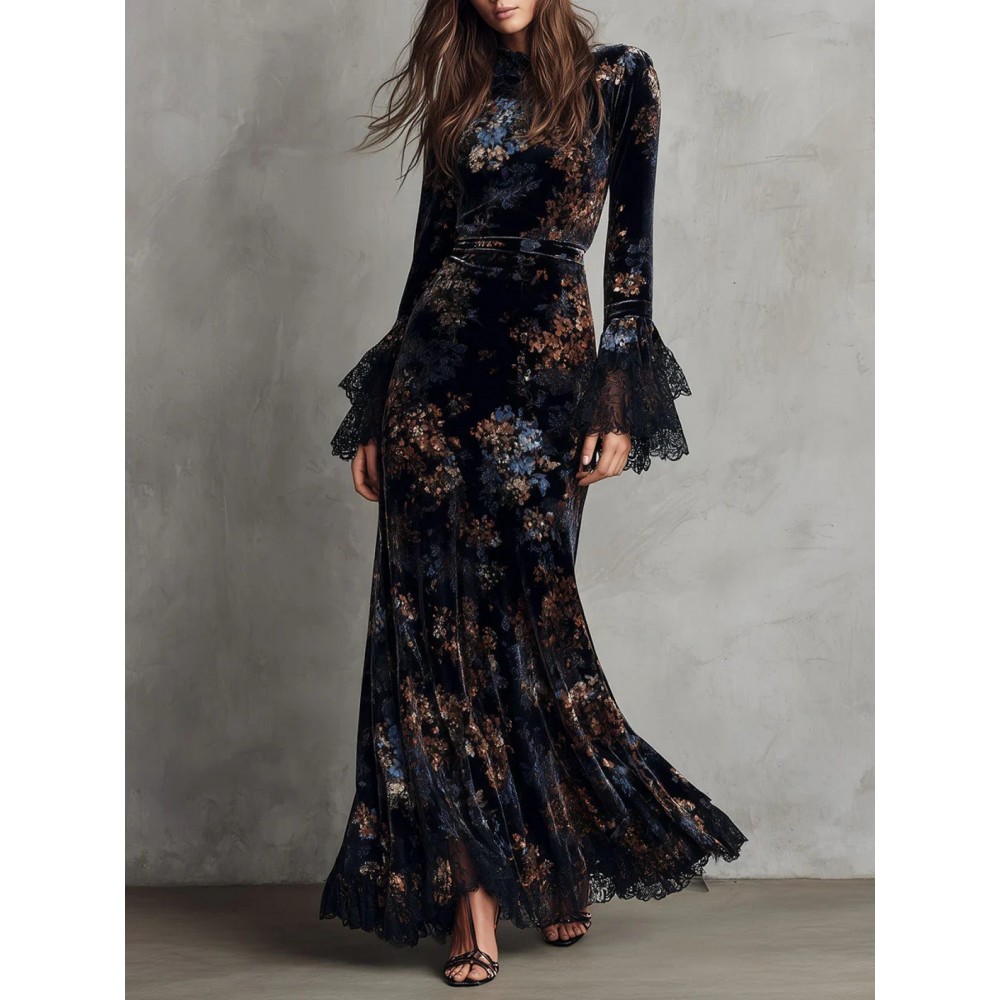 Blue Retro Printed Velvet Cheongsam Dress for Women | Slim Fit, Chinese Style, Deep V Neck, Long Sleeve, Elegant Long Dress Perfect for Spring/Fall Banquets and Parties