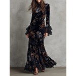 Blue Retro Printed Velvet Cheongsam Dress for Women | Slim Fit, Chinese Style, Deep V Neck, Long Sleeve, Elegant Long Dress Perfect for Spring/Fall Banquets and Parties