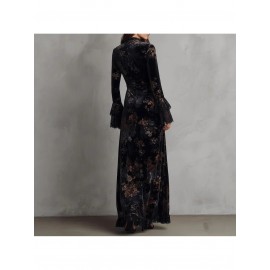 Blue Retro Printed Velvet Cheongsam Dress for Women | Slim Fit, Chinese Style, Deep V Neck, Long Sleeve, Elegant Long Dress Perfect for Spring/Fall Banquets and Parties