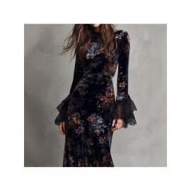 Blue Retro Printed Velvet Cheongsam Dress for Women | Slim Fit, Chinese Style, Deep V Neck, Long Sleeve, Elegant Long Dress Perfect for Spring/Fall Banquets and Parties