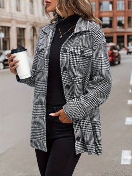Houndstooth Flap Pockets Jacket, Casual Long Sleeve Single Breasted Jacket, Women's Clothing