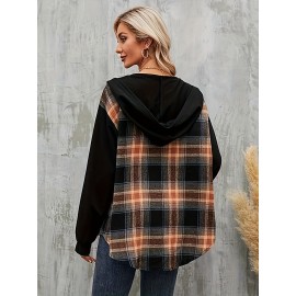 Vintage Plaid Hooded Jacket for Women - Stylish Color Block Outwear for Spring & Fall