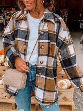 Plaid Print Button Jacket, Casual Collared Long Sleeve Outerwear, Women's Clothing