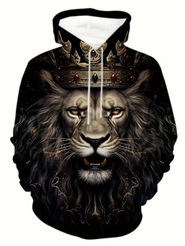 King Lion Print Hoodie for Men - Casual Graphic Design Pullover Sweatshirt for Winter and Fall - Streetwear Gift
