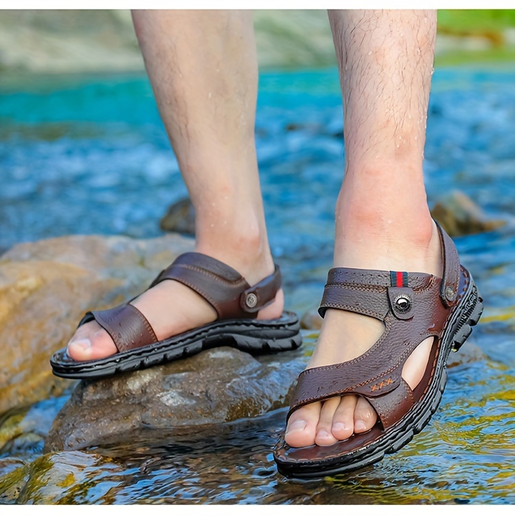 mens top grain cow leather open toe sandals wear resistant non slip slip on sandals for outdoor walking mens summer beach shoes men s shoes temu details 7